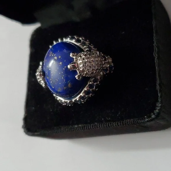 Sterling Silver 925 Lapis Lazuli Turtle Sapphire Halo Ring - Picture 7 of 10
